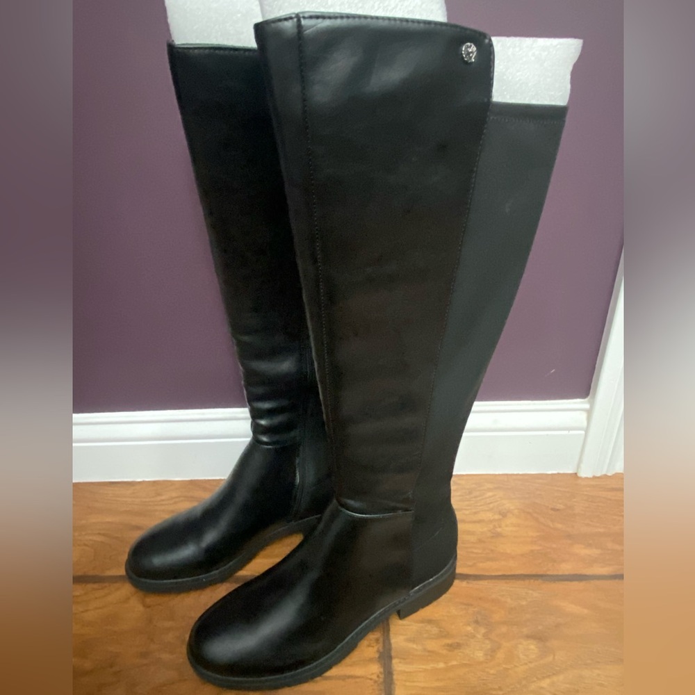 Anne Klein Black Leather and Fabric Boot